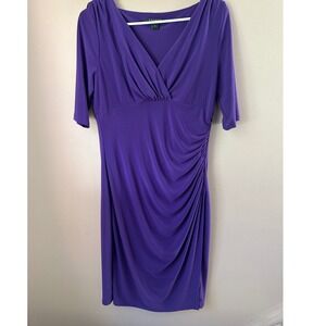 Lauren Ralph Lauren Purple Ruched V Neck Midi Dress Wedding Party Wedding